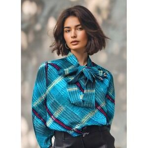 Vintage 60s-70s Shapley Plaid Blouse Bow Front Long Sleeve Blue Size X-Small